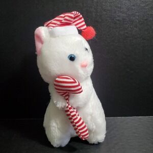 Vintage Soft Things White Christmas Cat Plush Holding Candy Cane W/ Santa Hat 8"